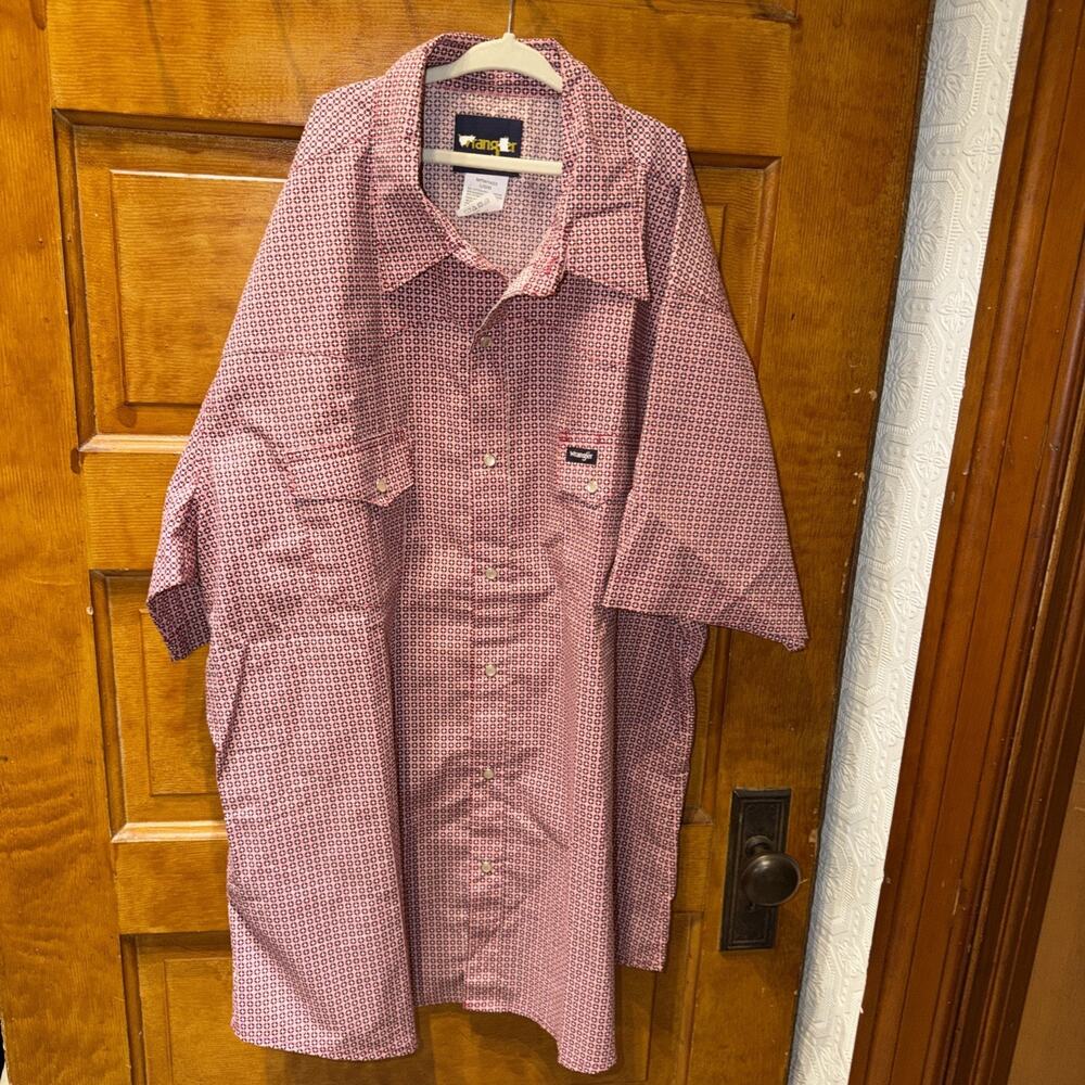 Wrangler Shirt Mens Size Large Pearl Snap Red White Black Pattern Short Sleeve